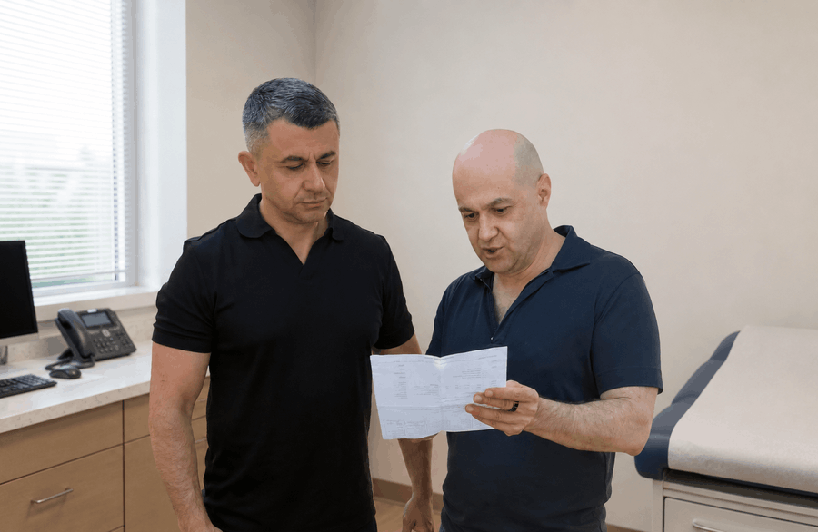 Dr. Slava Fuzayloff reviewing a patient's employment physical form