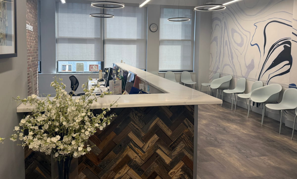 Reception and waiting area at Physical Exam Center, 35 W 36th Street, Suite 7E